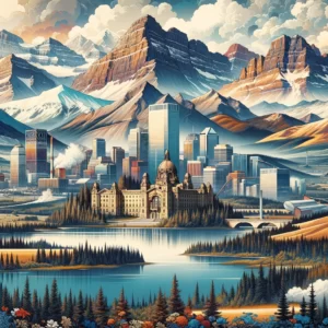 The image describes Alberta Opportunity Stream through The artistic representation of the Province of Alberta, capturing its iconic landmarks and natural beauty, including the Rocky Mountains, prairies, cityscapes of Calgary and Edmonton, and Lake Louise. This image reflects Alberta's diverse landscape and cultural richness.